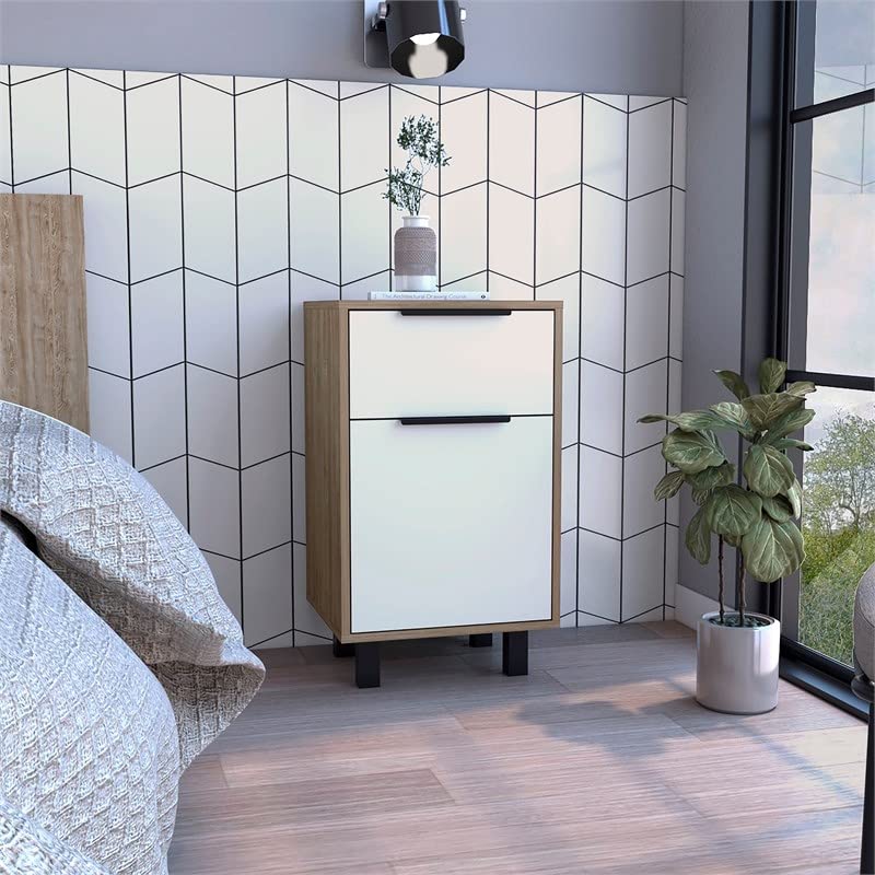 HomeRoots Multi-Color Stylish White and Pine Bedroom Nightstand
